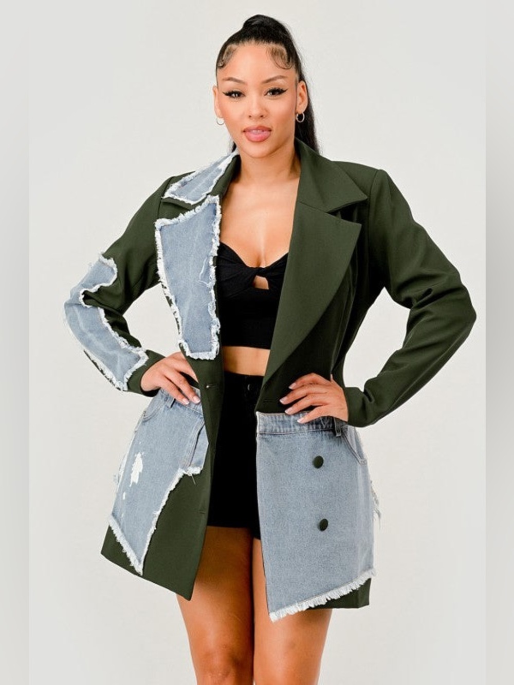 Olive Green Blazer with Distressed Light Blue Denim Patchwork